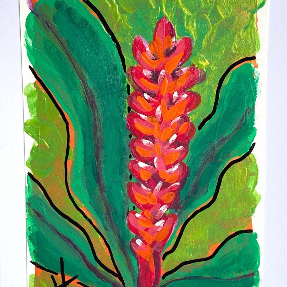 Red Torch Ginger Acrylic Art Handmade Original Blank Greeting Card and Envelope
